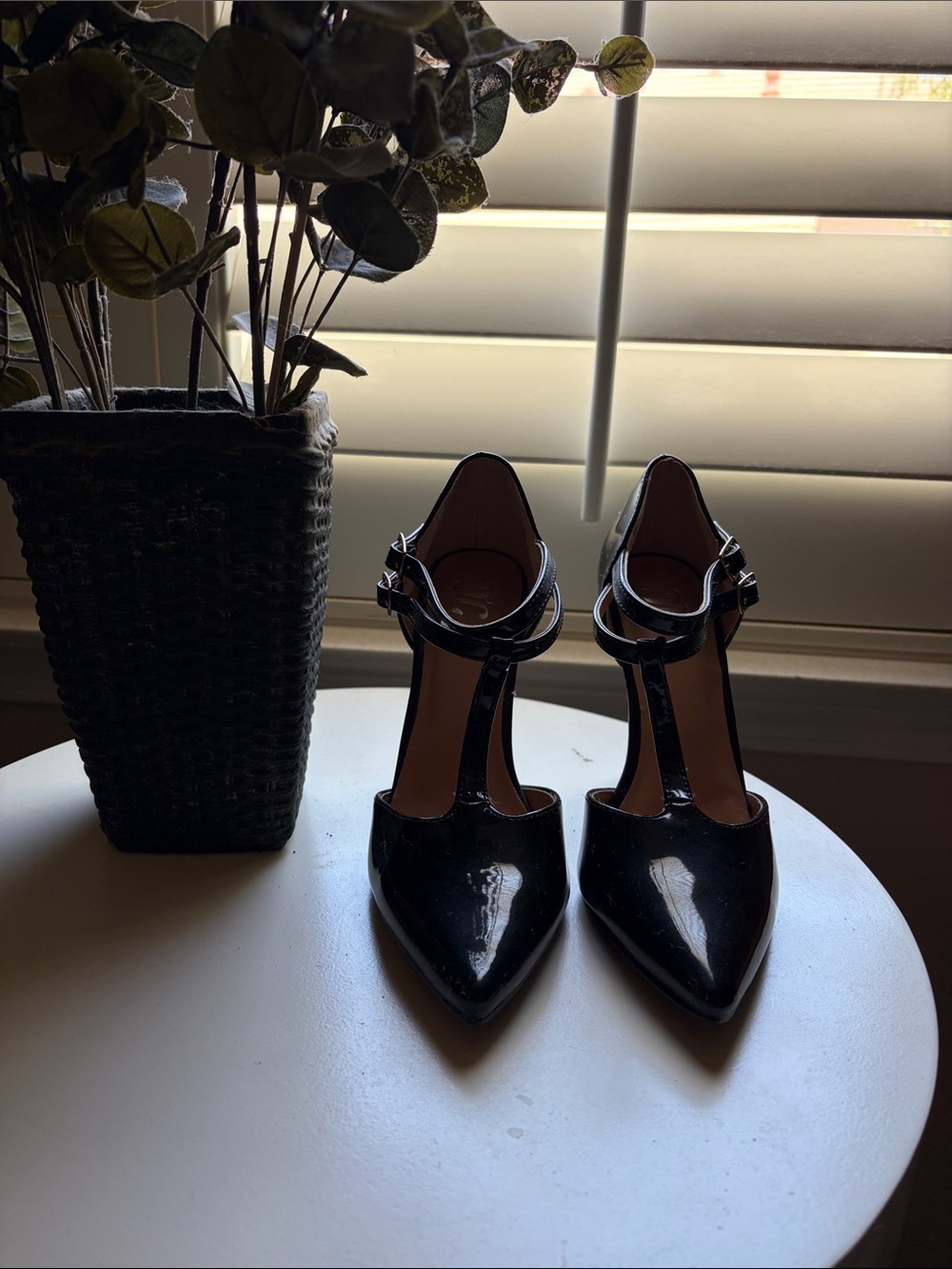 Patent T-Strap Pointed Toe Heels in Black